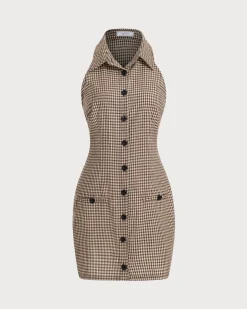 Brown Plaid Button Sleeveless Mini Dress