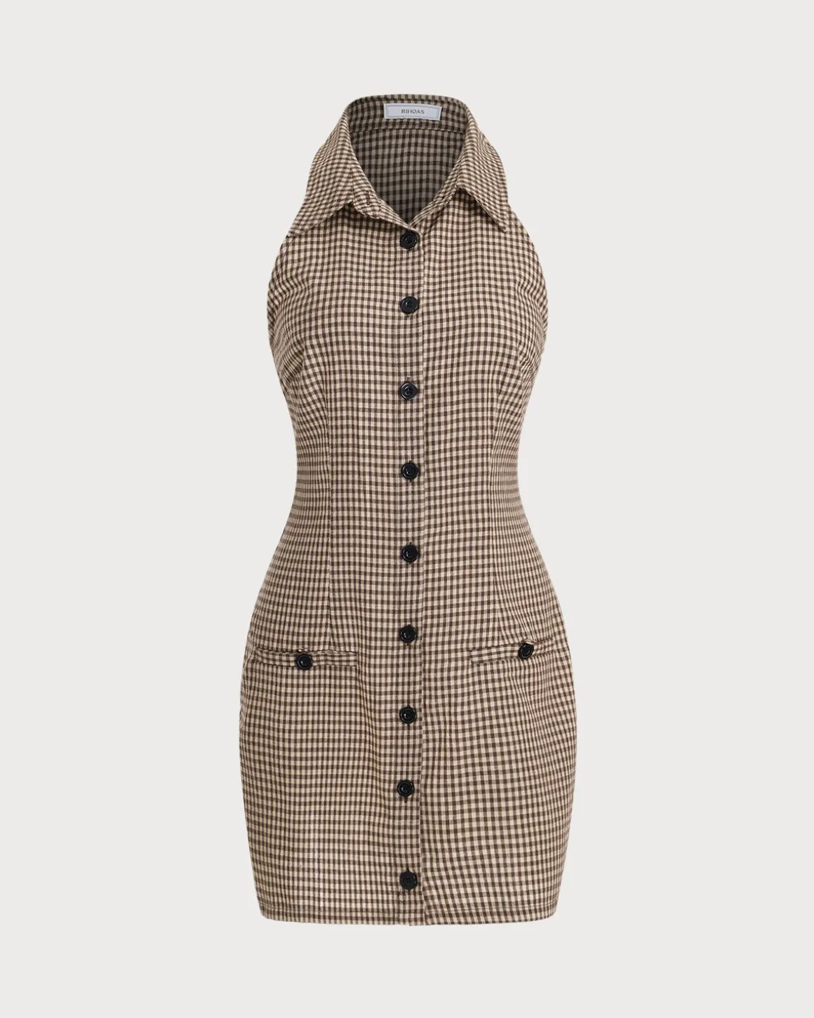 Brown Plaid Button Sleeveless Mini Dress