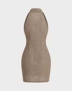 Brown Plaid Button Sleeveless Mini Dress