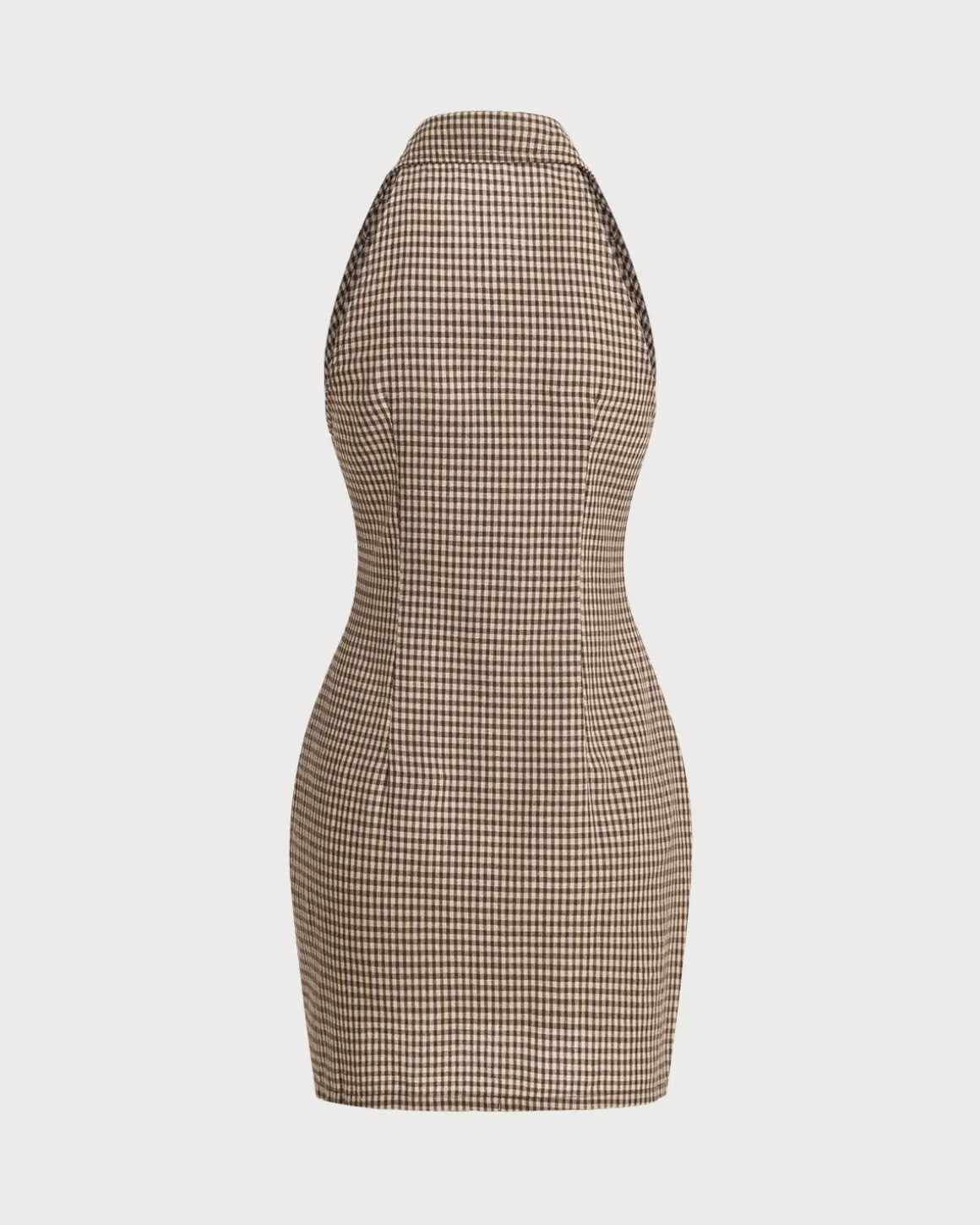 Brown Plaid Button Sleeveless Mini Dress