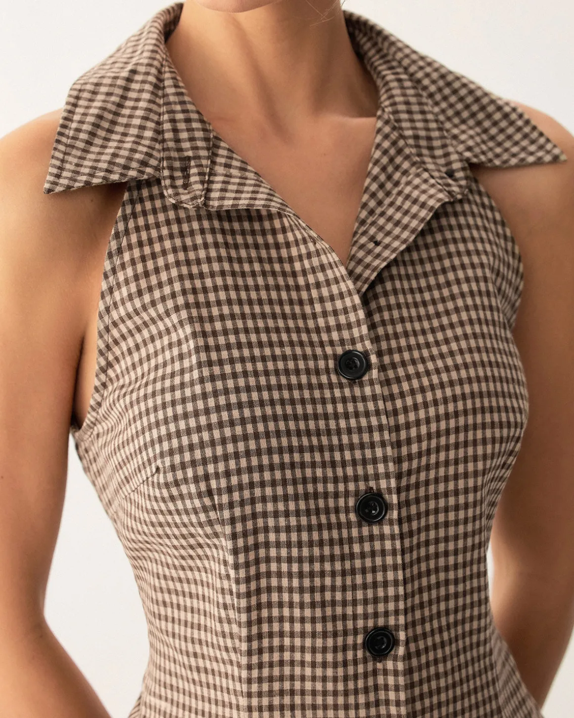 Brown Plaid Button Sleeveless Mini Dress