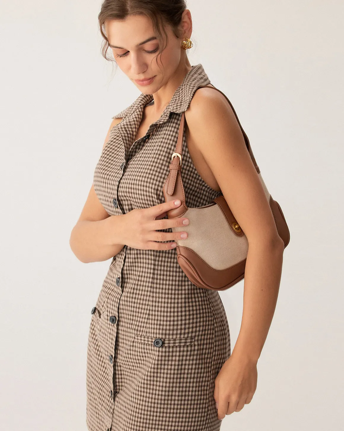 Brown Plaid Button Sleeveless Mini Dress
