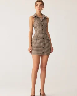 Brown Plaid Button Sleeveless Mini Dress