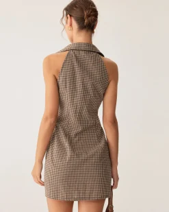 Brown Plaid Button Sleeveless Mini Dress