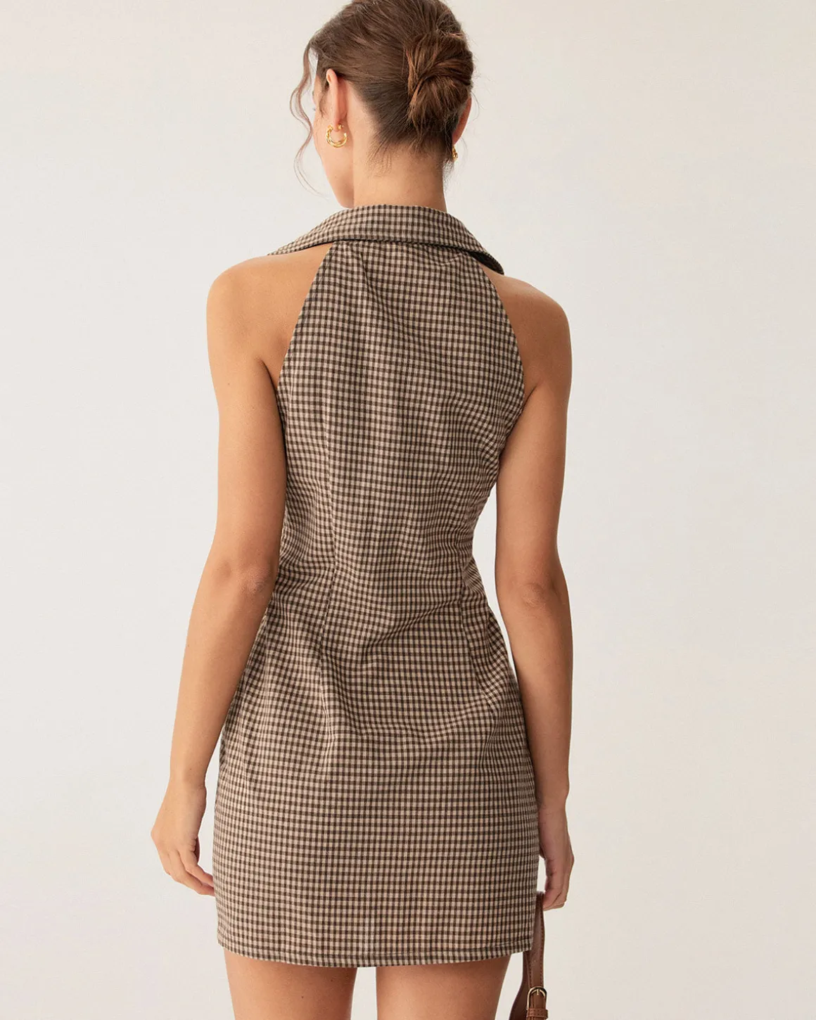 Brown Plaid Button Sleeveless Mini Dress