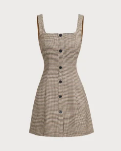 Brown Plaid Button Slip Mini Dress