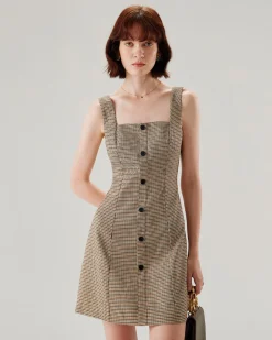 Brown Plaid Button Slip Mini Dress