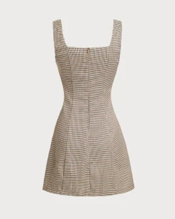 Brown Plaid Button Slip Mini Dress