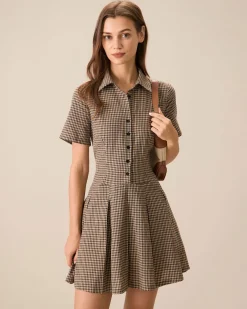 Brown Plaid Lapel Pleated Mini Dress