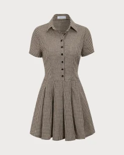 Brown Plaid Lapel Pleated Mini Dress