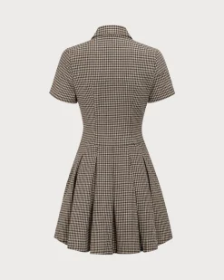 Brown Plaid Lapel Pleated Mini Dress