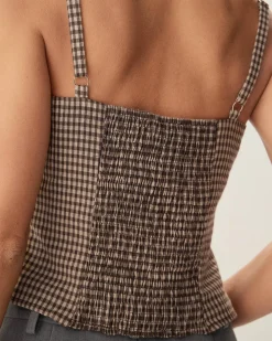 Brown Plaid Shirred Cami Top