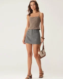Brown Plaid Shirred Cami Top