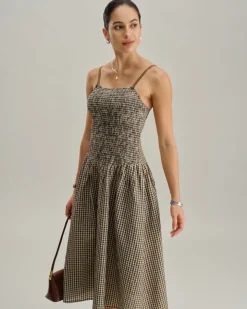 Brown Plaid Shirred Slip Midi Dress