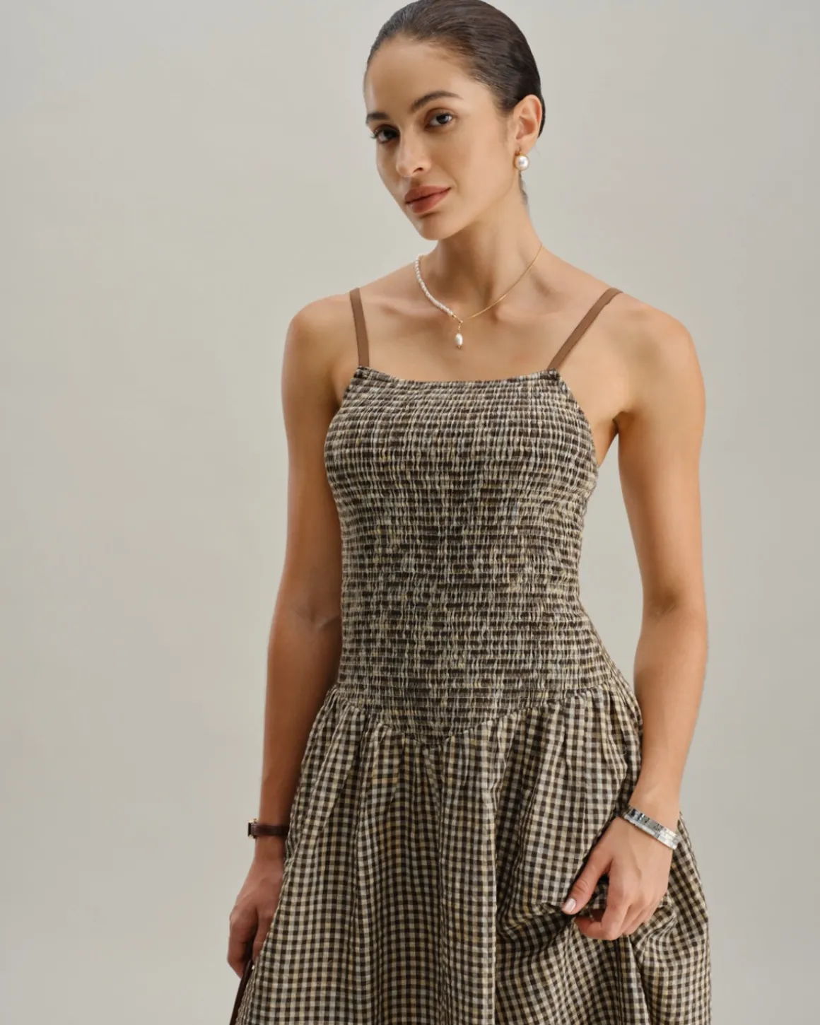 Brown Plaid Shirred Slip Midi Dress