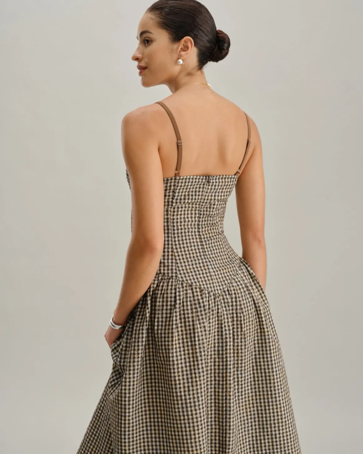 Brown Plaid Shirred Slip Midi Dress