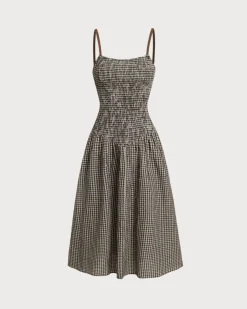 Brown Plaid Shirred Slip Midi Dress