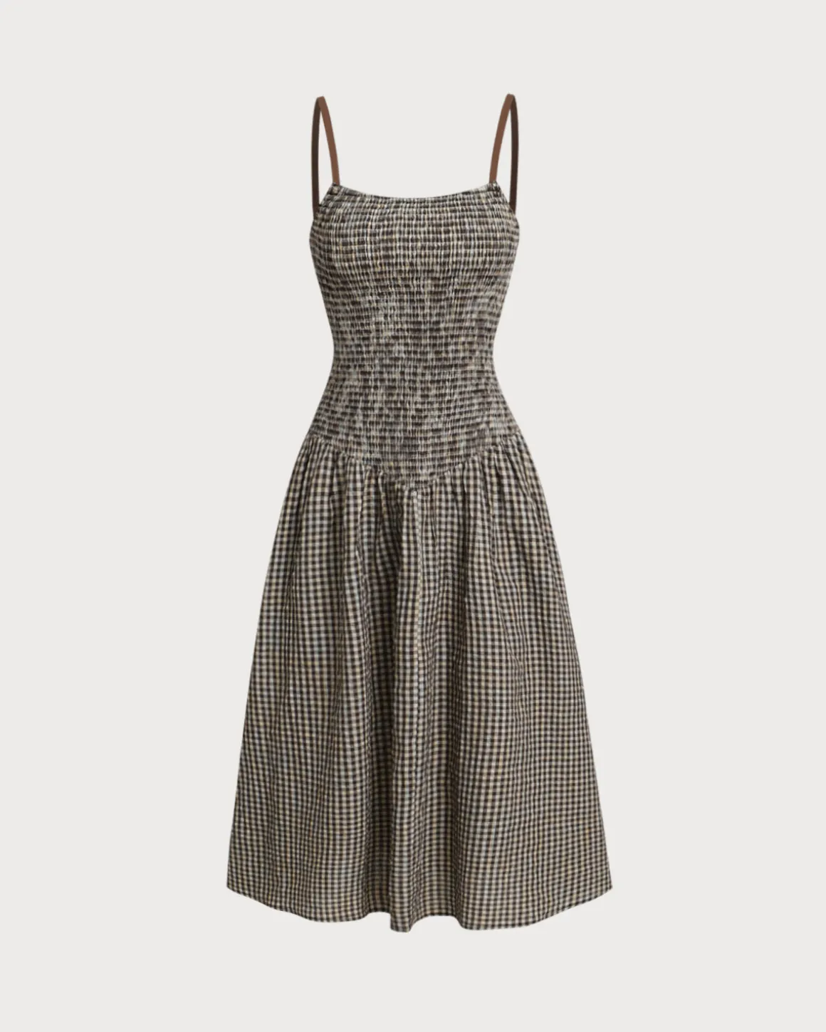Brown Plaid Shirred Slip Midi Dress