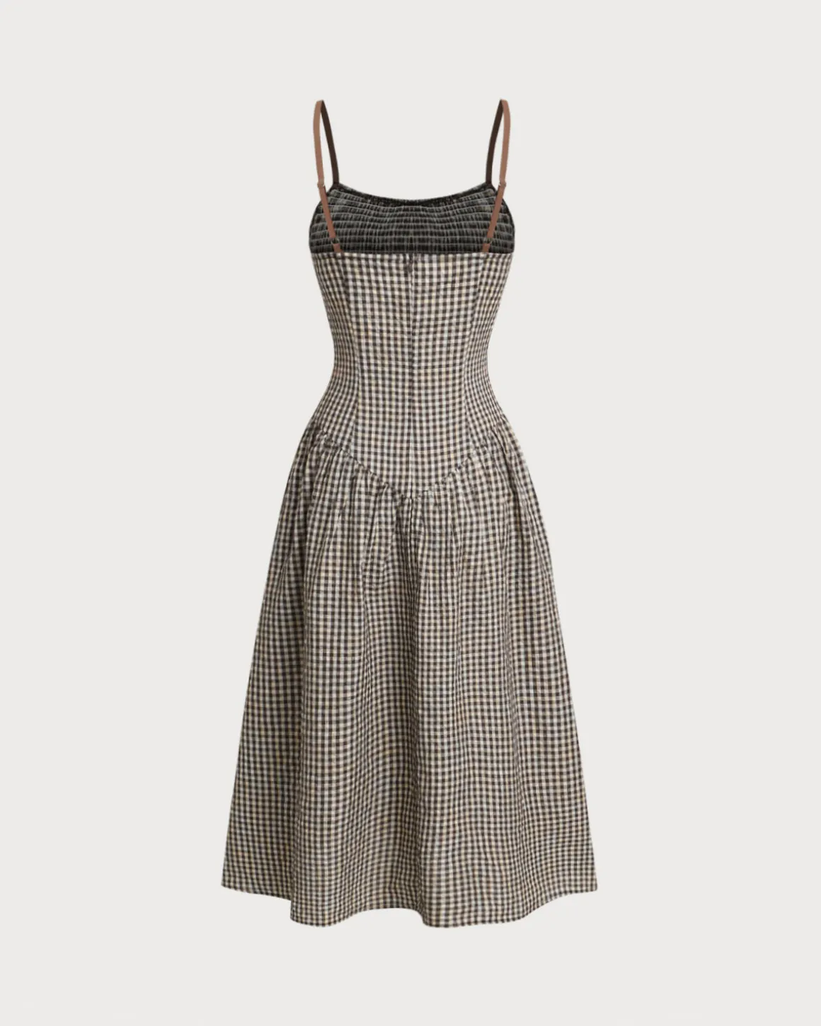 Brown Plaid Shirred Slip Midi Dress