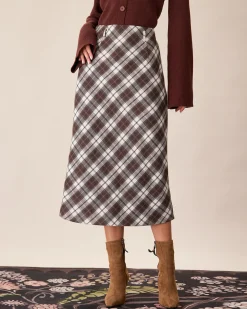 Brown Plaid Slit Satin Midi Skirt