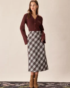 Brown Plaid Slit Satin Midi Skirt