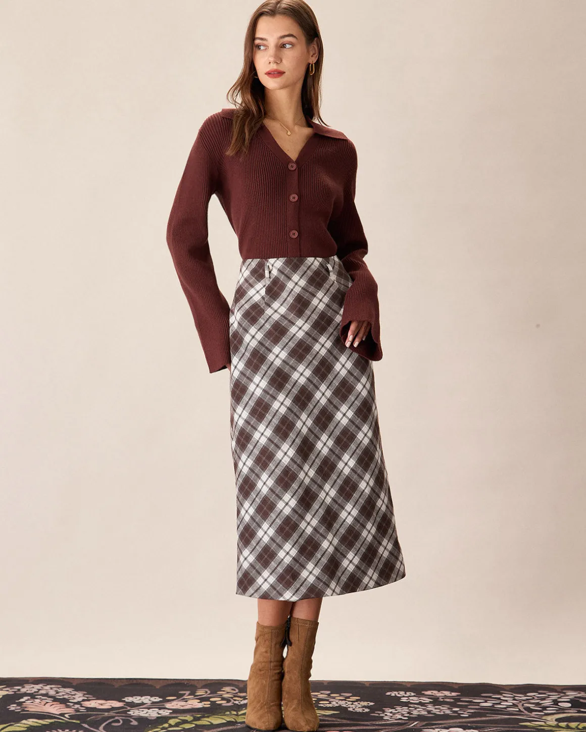 Brown Plaid Slit Satin Midi Skirt