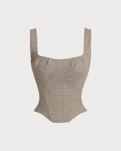 Brown Plaid Square Neck Cami Top