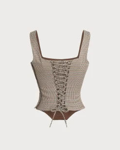 Brown Plaid Square Neck Cami Top