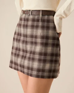 Brown Plaid Straight Mini Skirt