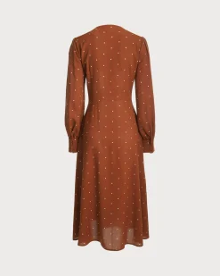 Brown Polka Dot Pleated Midi Dress