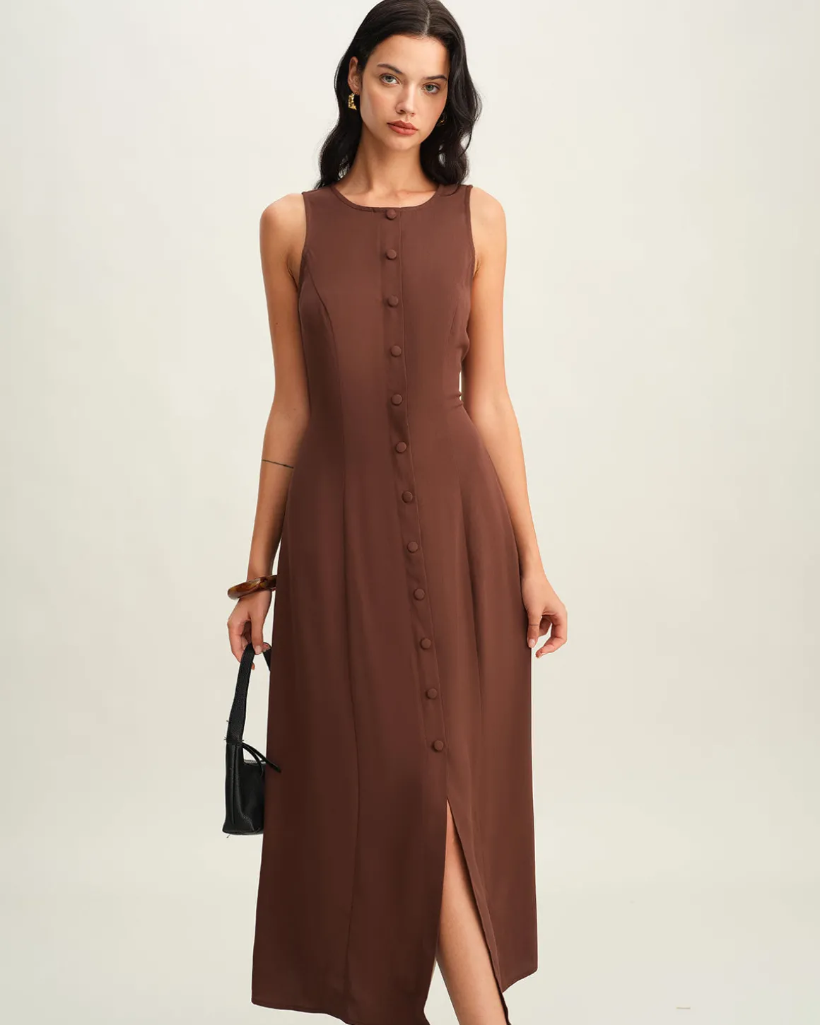 Brown Round Neck Button Sleeveless Maxi Dress