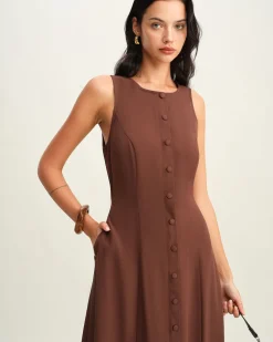 Brown Round Neck Button Sleeveless Maxi Dress