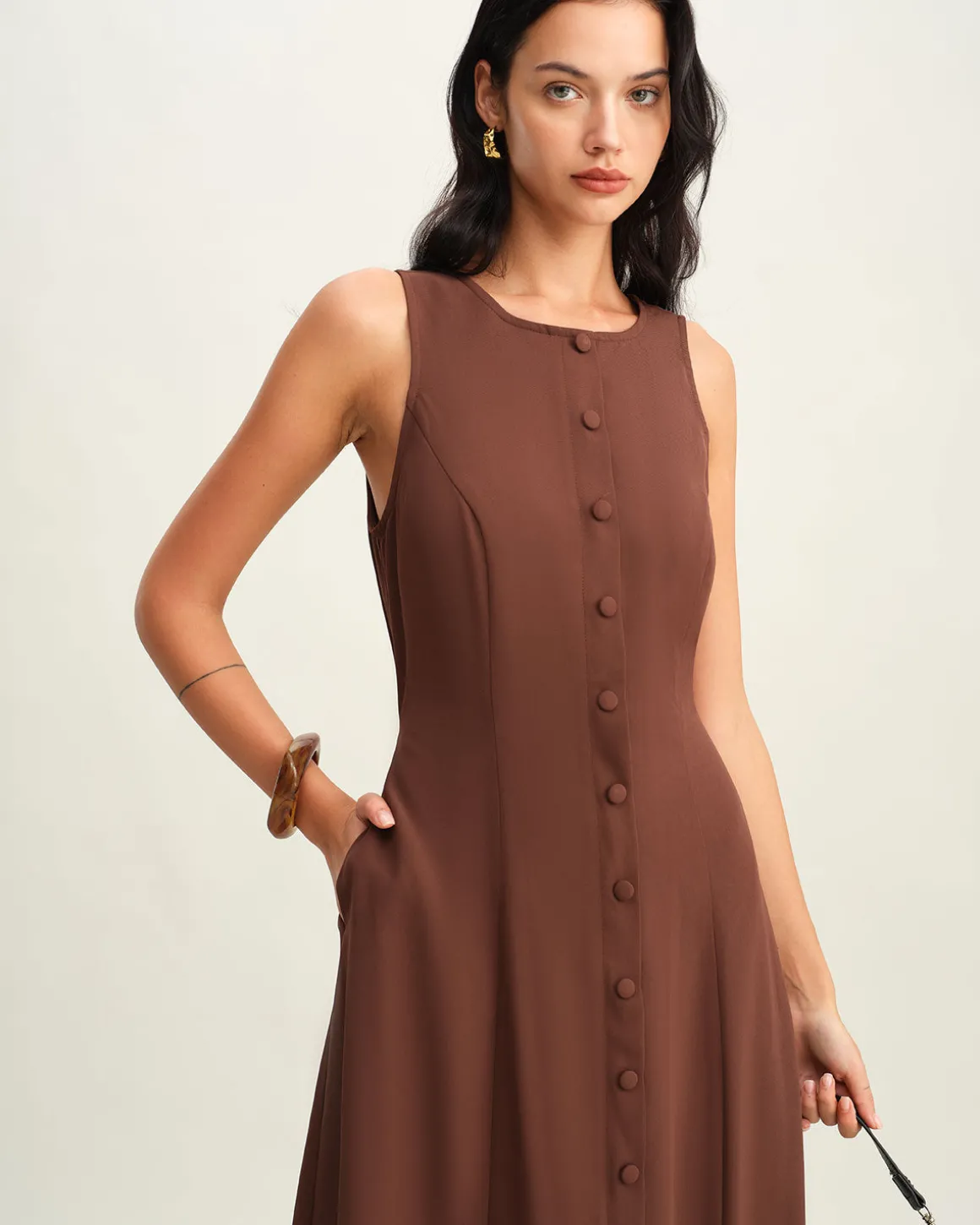 Brown Round Neck Button Sleeveless Maxi Dress
