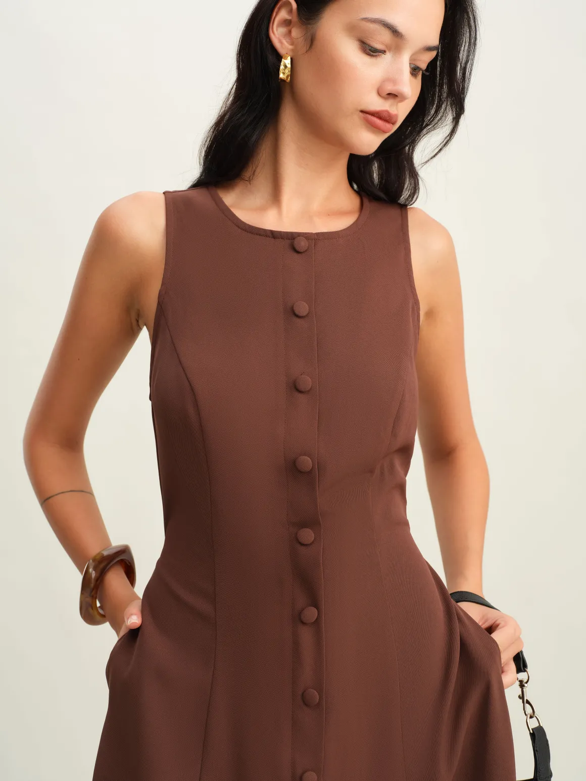 Brown Round Neck Button Sleeveless Maxi Dress