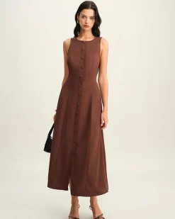 Brown Round Neck Button Sleeveless Maxi Dress