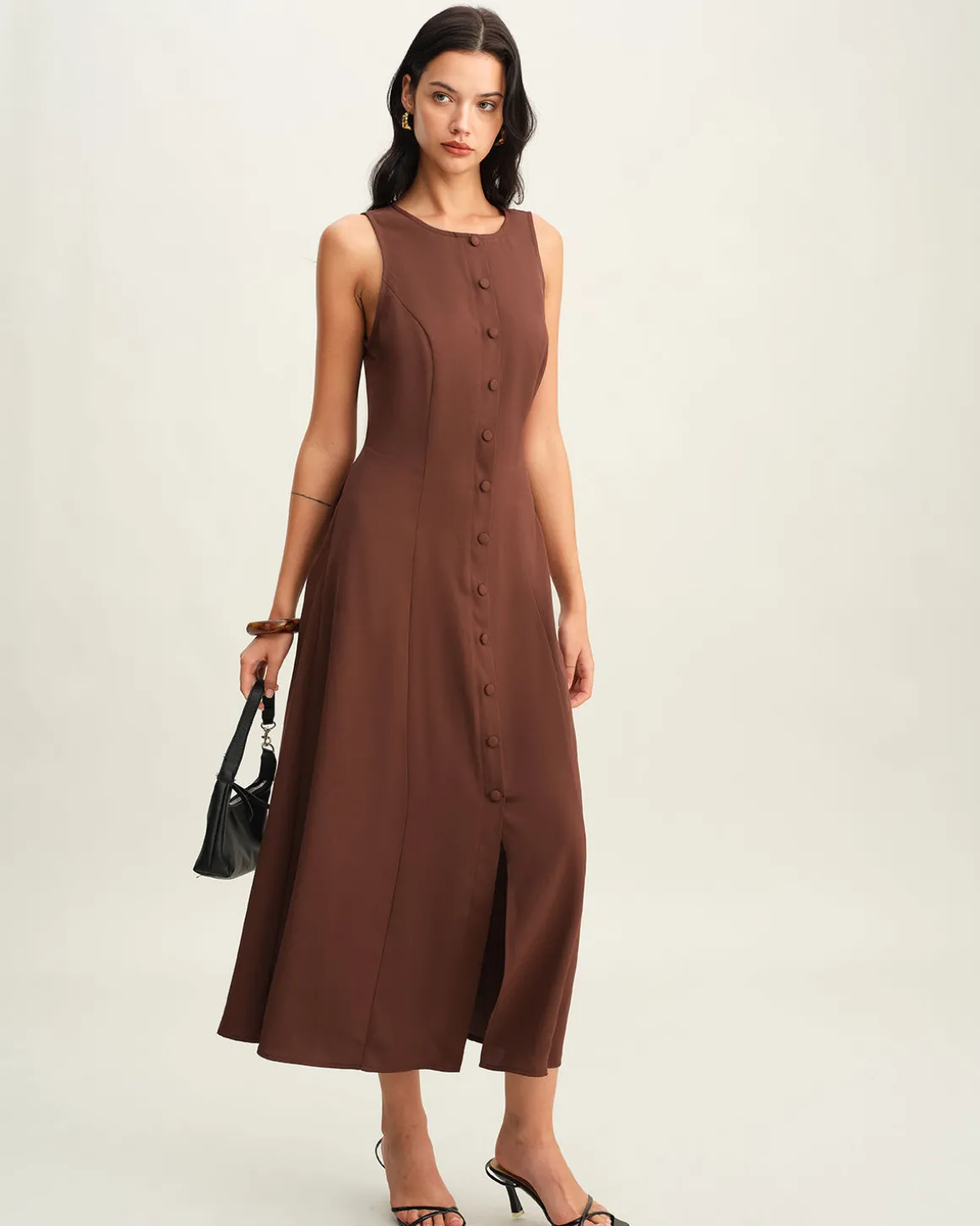 Brown Round Neck Button Sleeveless Maxi Dress