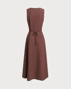 Brown Round Neck Button Sleeveless Maxi Dress