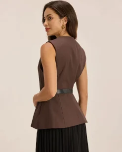 Brown Round Neck Button Vest