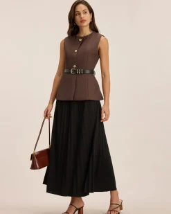Brown Round Neck Button Vest