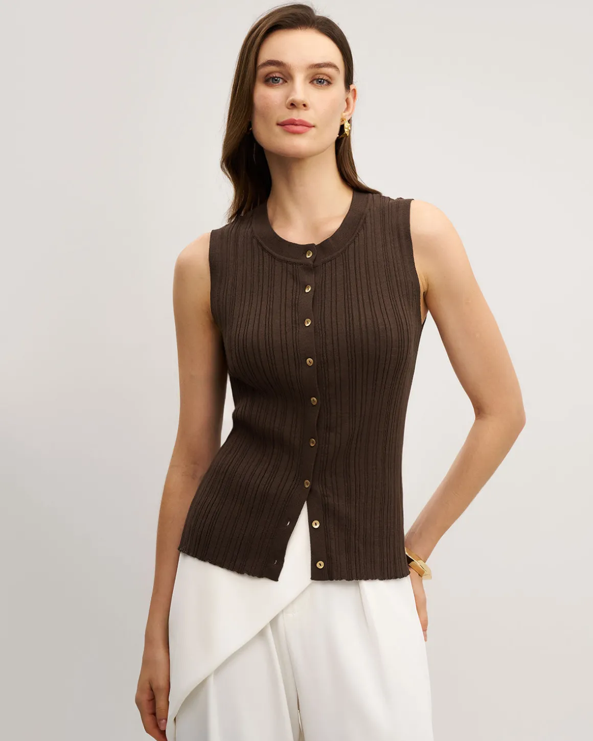 Brown Round Neck Knit Tank Top