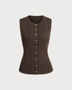 Brown Round Neck Knit Tank Top