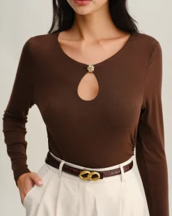 Brown Round Neck Slim Knit Tee