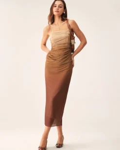Brown Ruched Mesh Slip Midi Dress
