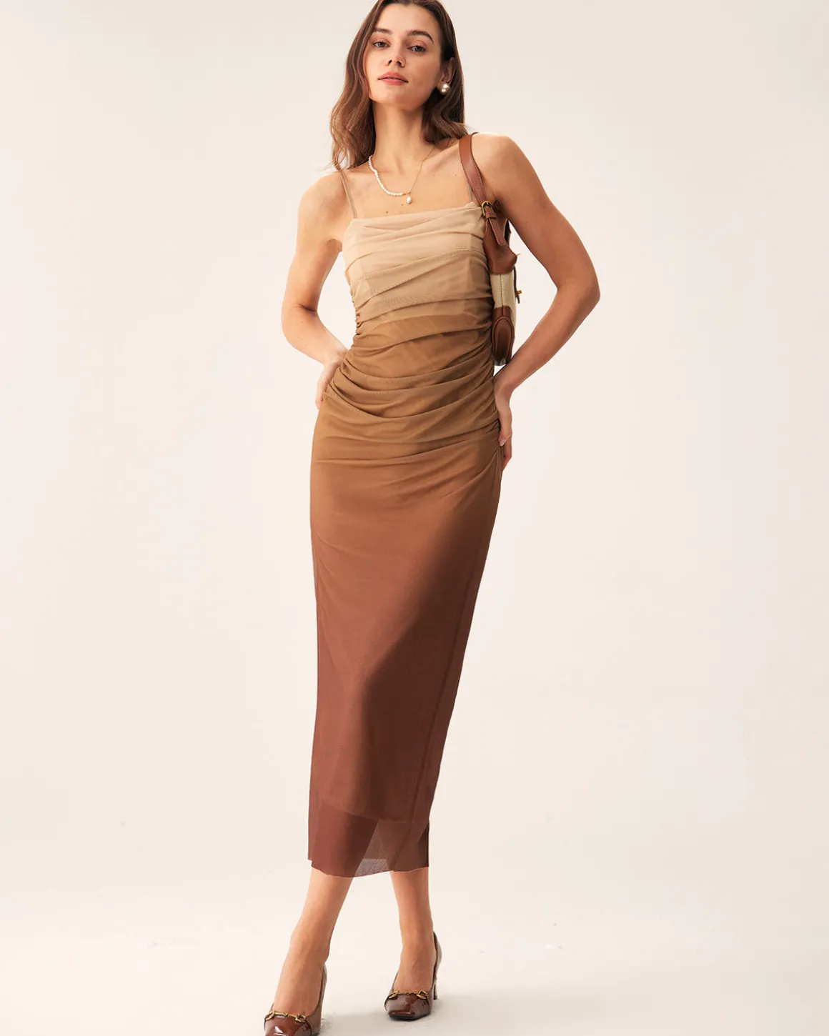 Brown Ruched Mesh Slip Midi Dress