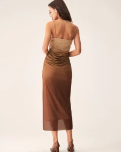 Brown Ruched Mesh Slip Midi Dress