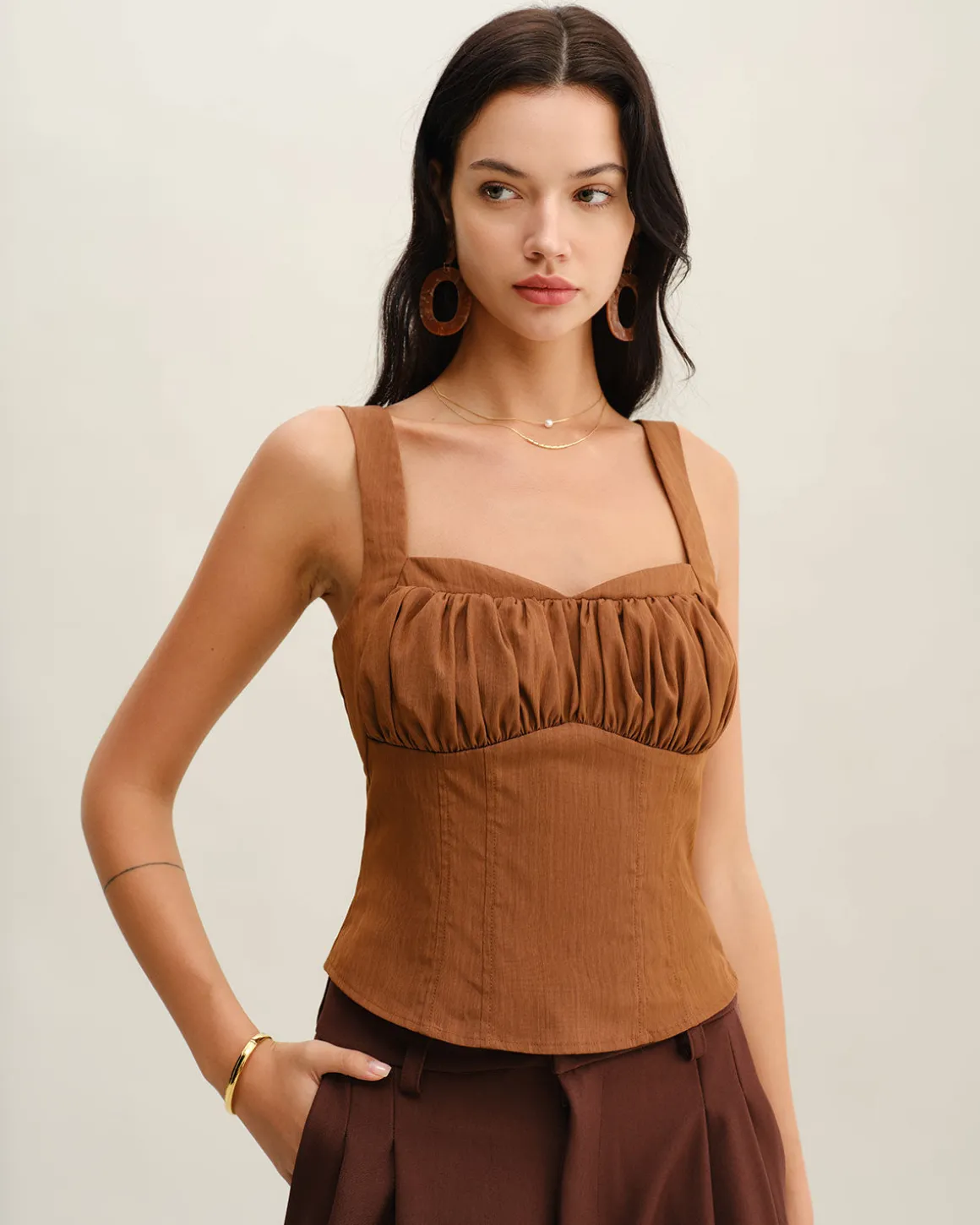 Brown Ruched Shirred Cami Top