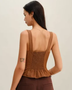 Brown Ruched Shirred Cami Top