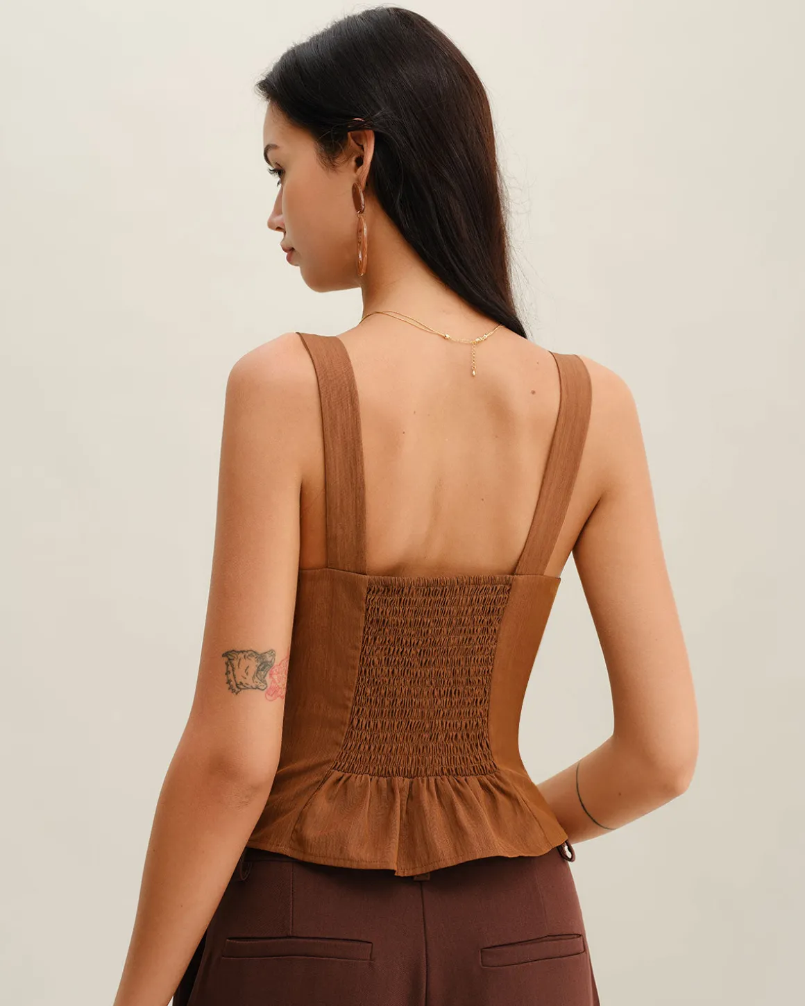 Brown Ruched Shirred Cami Top