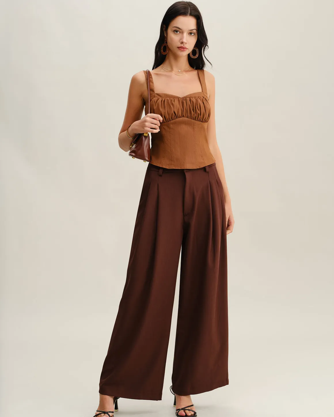 Brown Ruched Shirred Cami Top