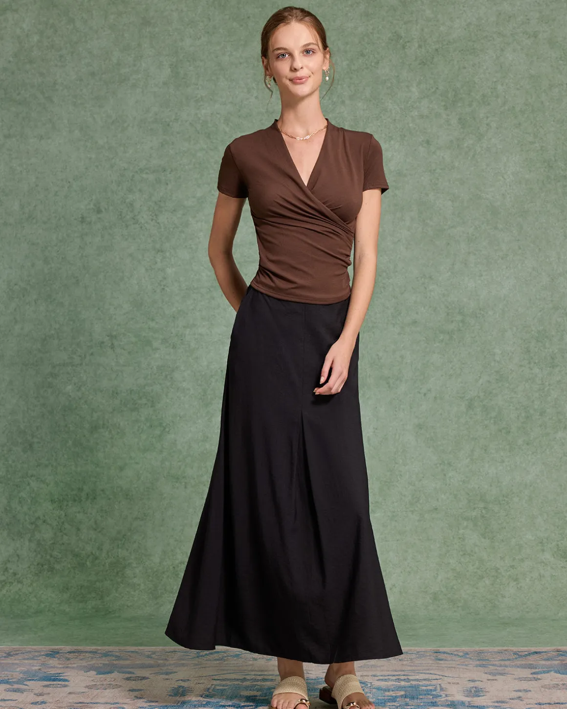Brown Ruched Slim Knit Tee